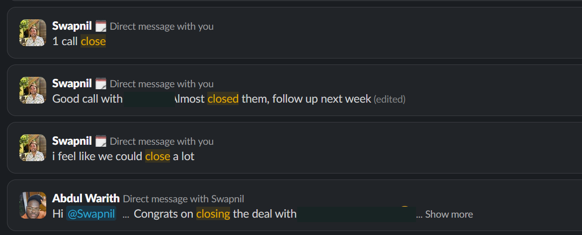 Several founder messages reporting closes in sequence