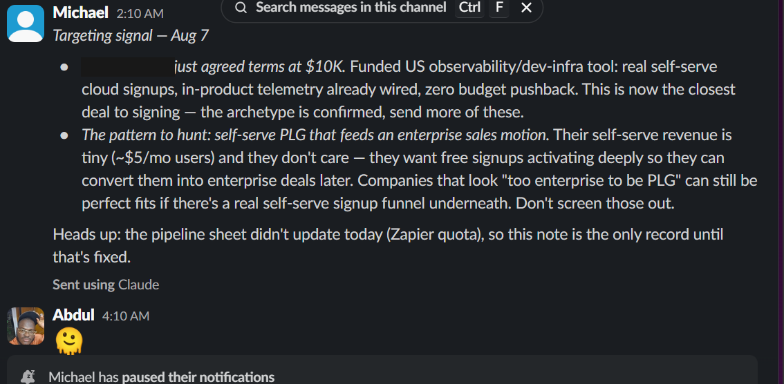 Client message confirming agreed terms at $10K and refining the targeting archetype