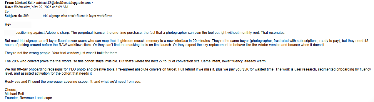 The cold email that earned the reply, arguing from the prospect's own trial structure